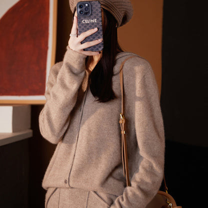 Women Cashmere Hooded Cardigan- Seamless Wool Knit Sweater with Loose Fit Design, Cozy Autumn Winter Outerwear for Elegant Casual Fashion