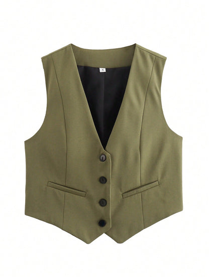 Chic V-Neck Sleeveless Vest – Elegant Women’s Single-Breasted White Waistcoat Top for Stylish Office or Casual Spring Outfits