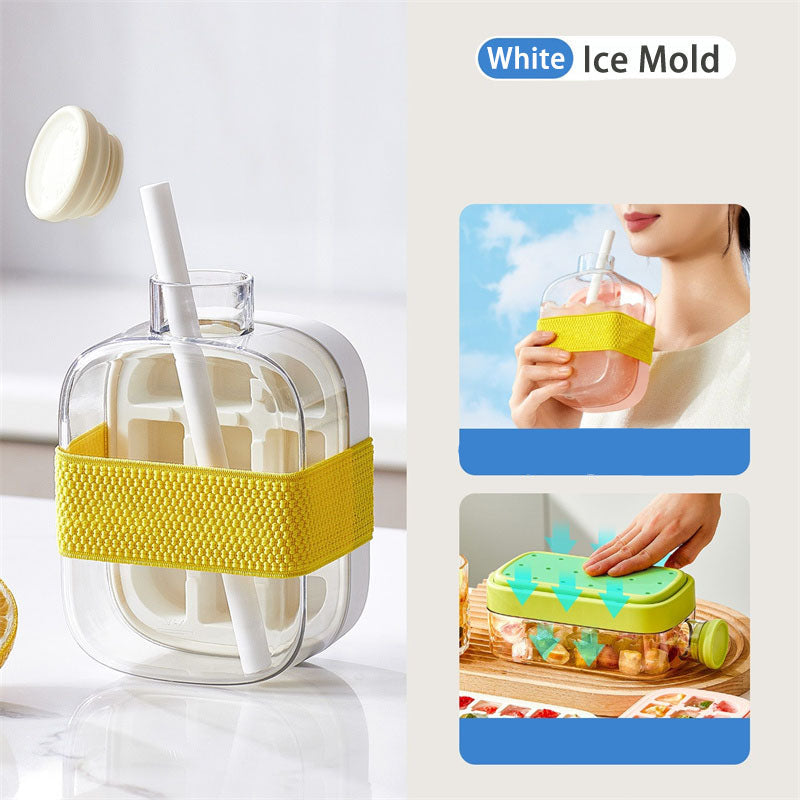Silicone One-Click Ice Mold Bottle Cooler – No-Touch Ice Cube Tray with Straw Lid for Summer Drinks and Freezer Use