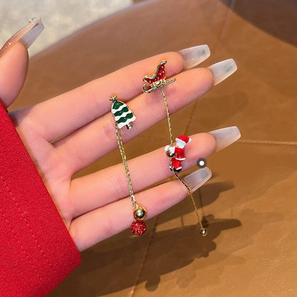 Red Ball Asymmetric Christmas Stud Earrings – Snowflake, Bell & Deer Zircon Holiday Jewelry for Women and Girls, Perfect Christmas & New Year Gift