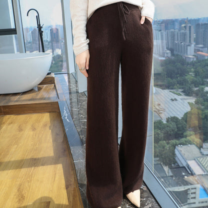 Women's Mink Cashmere Wide Leg Pants – Thick Elastic Waist Straight Trousers with Drawstring for Cozy Autumn Winter Casual Wear