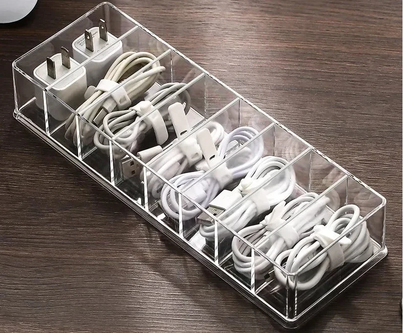 Transparent Cable Storage Box – Divided Grid Organizer for Phone Chargers, USB Data Cables and Household Electronic Accessories