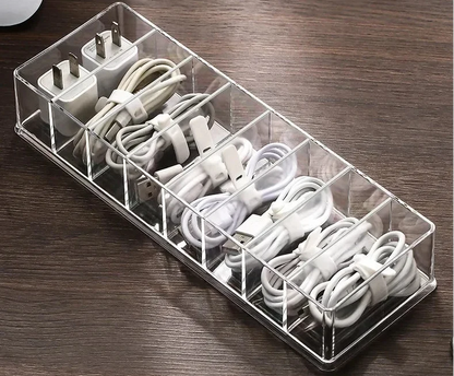 Transparent Cable Storage Box – Divided Grid Organizer for Phone Chargers, USB Data Cables and Household Electronic Accessories