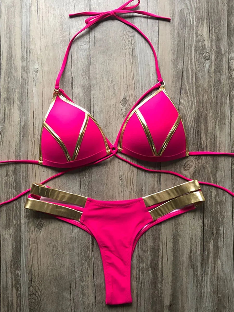 Halter Push-Up Brazilian Bikini Set – Bandage String Swimsuit for Women, Sexy Two-Piece Beachwear for 2025 Trends