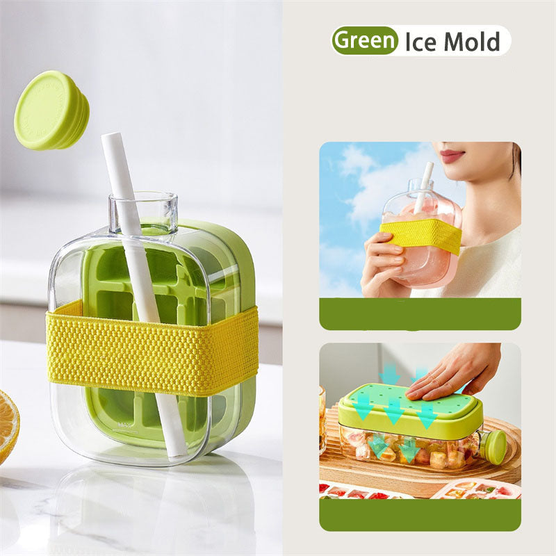 Silicone One-Click Ice Mold Bottle Cooler – No-Touch Ice Cube Tray with Straw Lid for Summer Drinks and Freezer Use