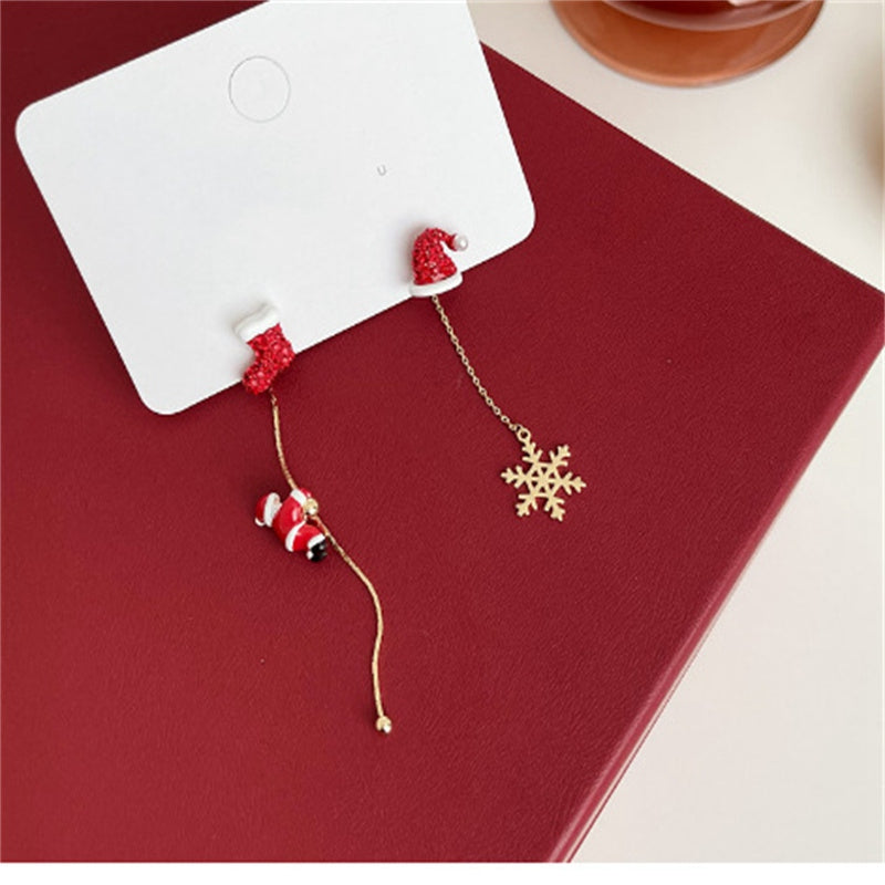 Red Ball Asymmetric Christmas Stud Earrings – Snowflake, Bell & Deer Zircon Holiday Jewelry for Women and Girls, Perfect Christmas & New Year Gift