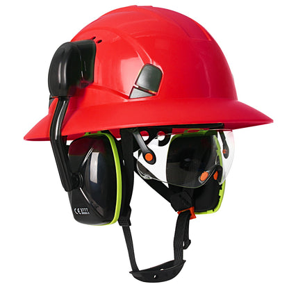 Full Brim Hard Hat with Built-In Eye Shield & Earmuffs – Vented HDPE Safety Helmet, ANSI Z89.1 Type I Class C