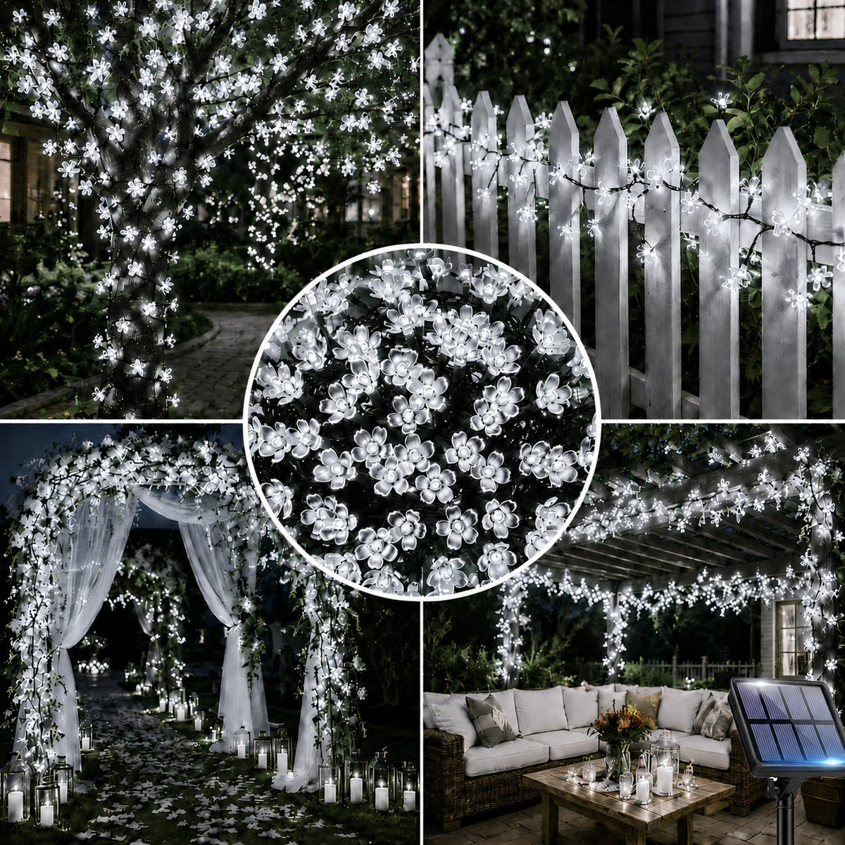 Cherry Blossom Solar String Lights – Romantic Outdoor Fairy Lighting for Gardens, Patios, Balconies, Weddings, Parties and Warm Decorative Ambience