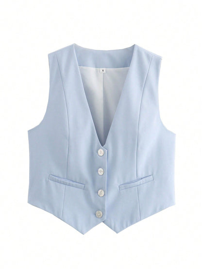 Chic V-Neck Sleeveless Vest – Elegant Women’s Single-Breasted White Waistcoat Top for Stylish Office or Casual Spring Outfits