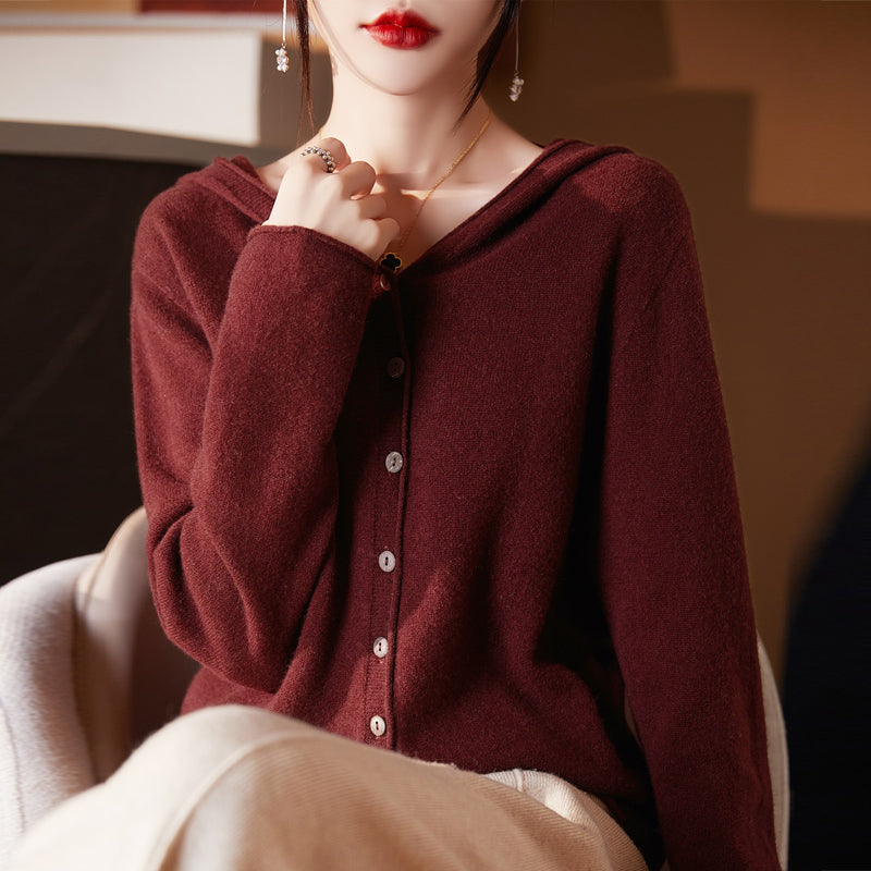 Women Cashmere Hooded Cardigan- Seamless Wool Knit Sweater with Loose Fit Design, Cozy Autumn Winter Outerwear for Elegant Casual Fashion