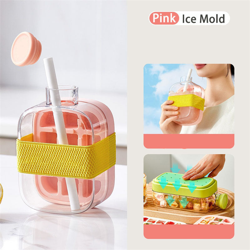 Silicone One-Click Ice Mold Bottle Cooler – No-Touch Ice Cube Tray with Straw Lid for Summer Drinks and Freezer Use