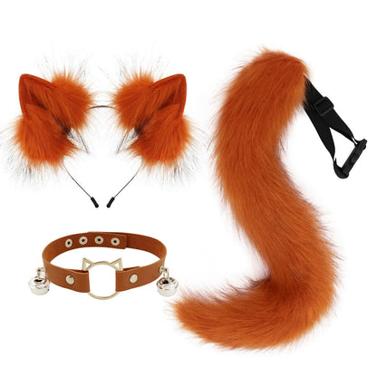 Faux Fur Animal Costume Set – 3-Piece Cat Ear Headband, Wolf Fox Tail and Choker for Halloween Cosplay, Parties and Roleplay