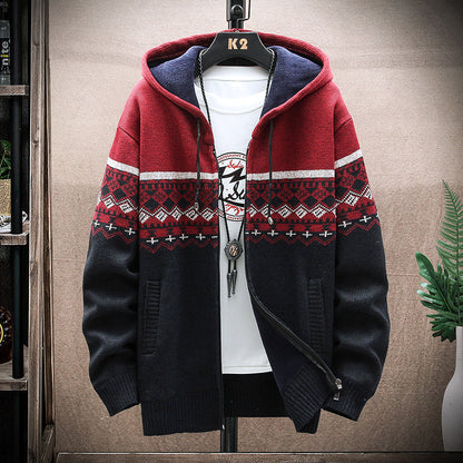 Men's Plaid Hooded Knit Cardigan – Warm Fleece Lined Winter Sweater Jacket with Zipper for Cold Weather Comfort