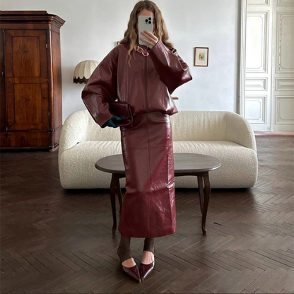 Women Leather Skirt Suit Set - Vintage Zipper Jacket and Straight Skirt Outfit for Spring Fashion and Elegant Streetwear