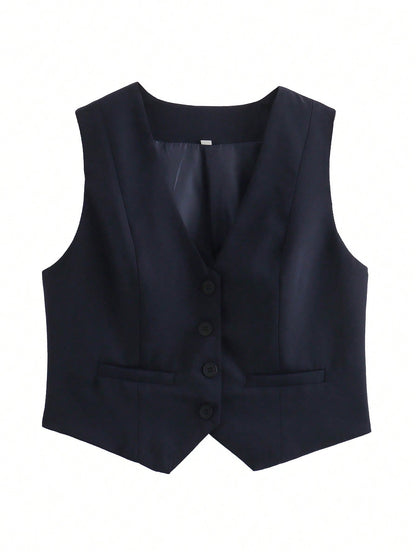 Chic V-Neck Sleeveless Vest – Elegant Women’s Single-Breasted White Waistcoat Top for Stylish Office or Casual Spring Outfits