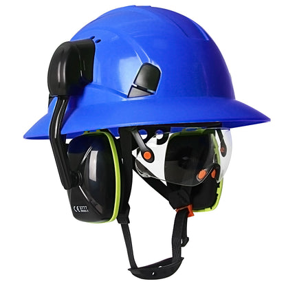 Full Brim Hard Hat with Built-In Eye Shield & Earmuffs – Vented HDPE Safety Helmet, ANSI Z89.1 Type I Class C
