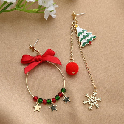 Red Ball Asymmetric Christmas Stud Earrings – Snowflake, Bell & Deer Zircon Holiday Jewelry for Women and Girls, Perfect Christmas & New Year Gift