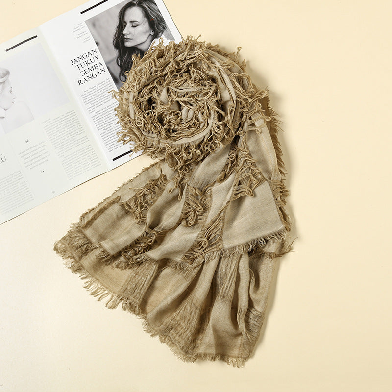 Vintage Ripped Punk Scarf – Distressed Tassel Cotton Linen Shawl for Y2K, Techwear, Tactical & Edgy Streetwear Fashion