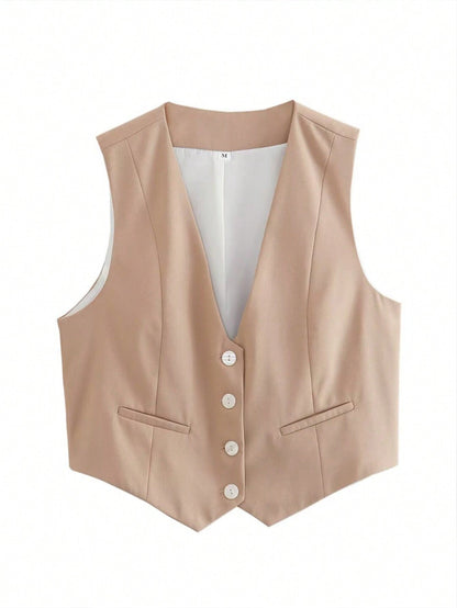 Chic V-Neck Sleeveless Vest – Elegant Women’s Single-Breasted White Waistcoat Top for Stylish Office or Casual Spring Outfits