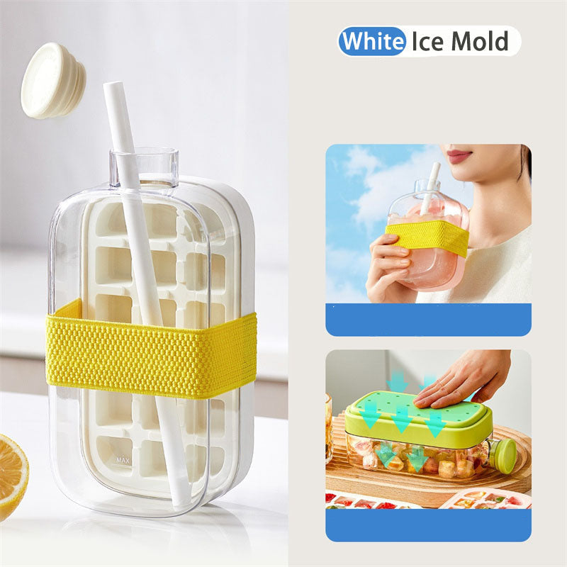 Silicone One-Click Ice Mold Bottle Cooler – No-Touch Ice Cube Tray with Straw Lid for Summer Drinks and Freezer Use