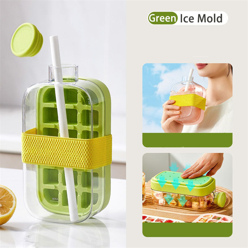 Silicone One-Click Ice Mold Bottle Cooler – No-Touch Ice Cube Tray with Straw Lid for Summer Drinks and Freezer Use