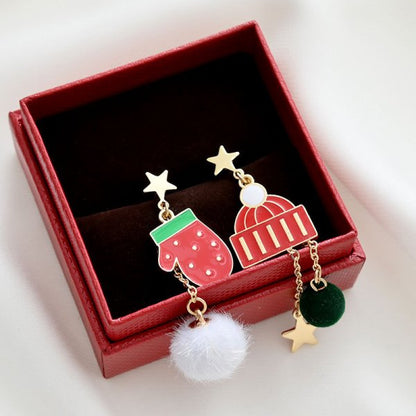 Red Ball Asymmetric Christmas Stud Earrings – Snowflake, Bell & Deer Zircon Holiday Jewelry for Women and Girls, Perfect Christmas & New Year Gift