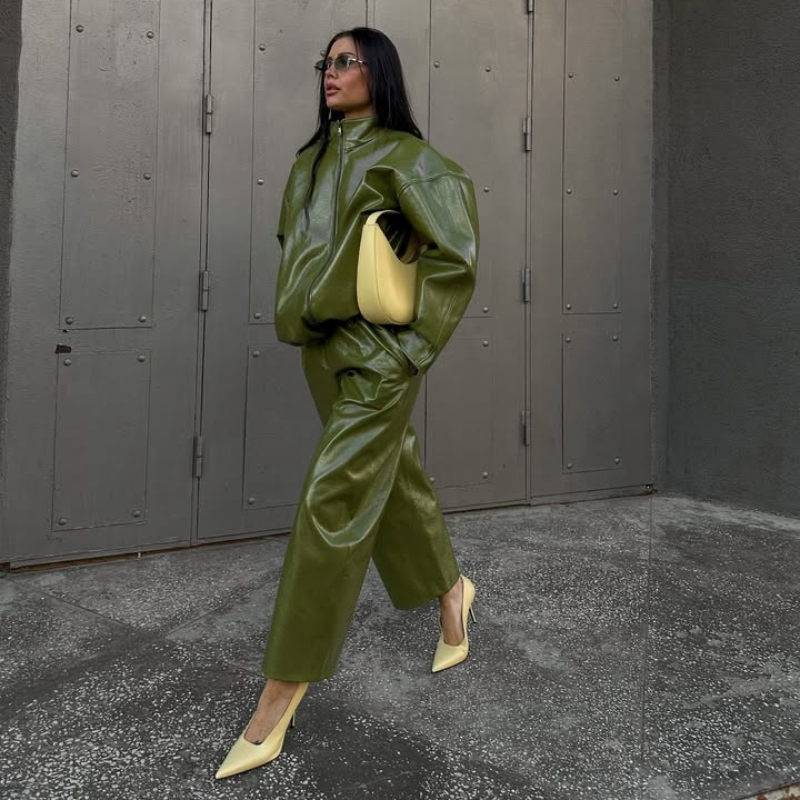 Women Leather Skirt Suit Set - Vintage Zipper Jacket and Straight Skirt Outfit for Spring Fashion and Elegant Streetwear