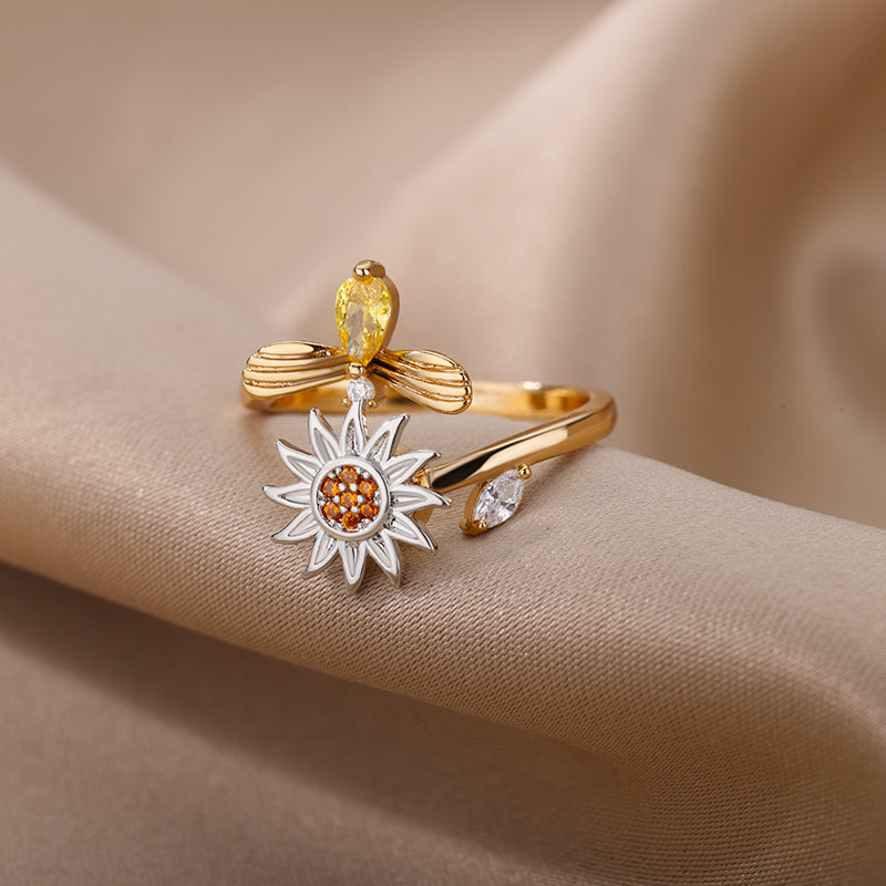 Anti-Stress Sunflower Spinner Ring – Stainless Steel Anxiety Fidget Jewelry for Women with Rotating Sun Star Design Christmas Gift.
