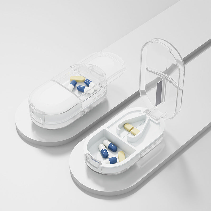Compact Pill Cutter & Storage Box – Dustproof Tablet Organizer with Divider for Travel, Medicine & Daily Use