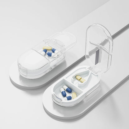 Compact Pill Cutter & Storage Box – Dustproof Tablet Organizer with Divider for Travel, Medicine & Daily Use