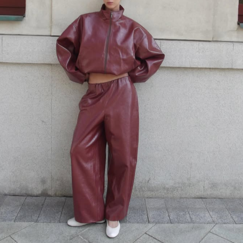 Women Leather Skirt Suit Set - Vintage Zipper Jacket and Straight Skirt Outfit for Spring Fashion and Elegant Streetwear