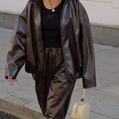 Women Leather Skirt Suit Set - Vintage Zipper Jacket and Straight Skirt Outfit for Spring Fashion and Elegant Streetwear