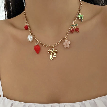 Strawberry Pendant Necklace – Delicate Rice Bead Clavicle Chain with Sweet Starfish and Cherry Details for Women, Beach Parties and Gifts