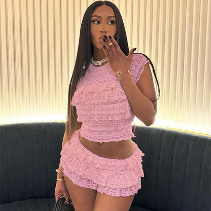 Weird Puss Ruffled Two-Piece Set for Women – Elegant Tiered Tank Top & Shorts Outfit for Summer Concerts & Parties