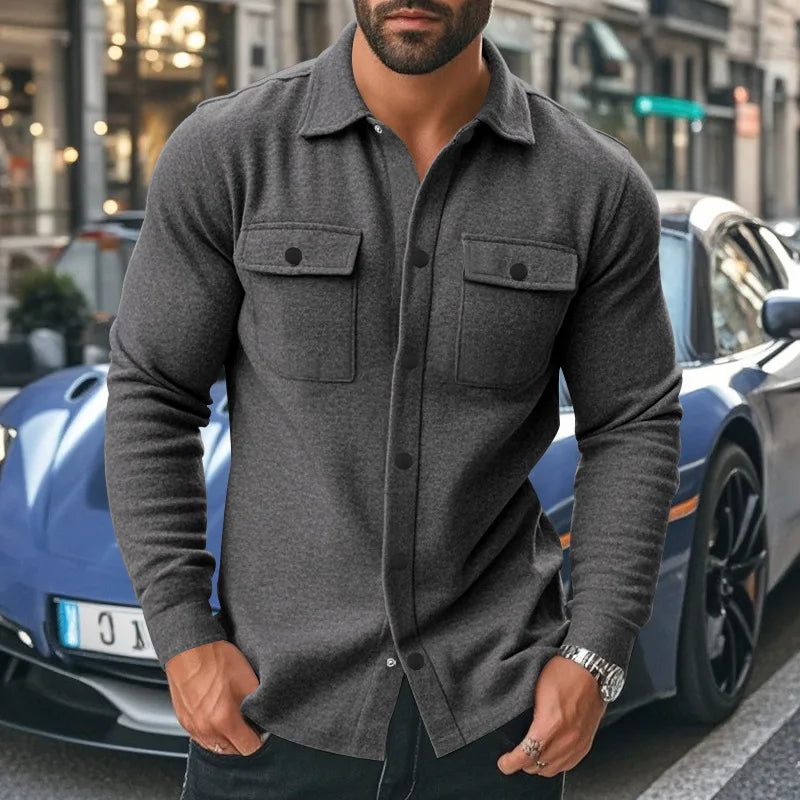 Men’s Fleece Lapel Jacket – Single-Breasted Outerwear with Pockets, Casual European Style for Autumn & Winter