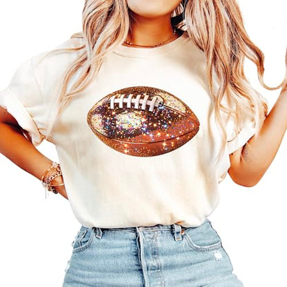 Glitter Football Graphic Tee for Women – Oversized Fall Season Shirt Perfect for Teen Girls, Casual Game Day Style, and Sporty Fun Looks