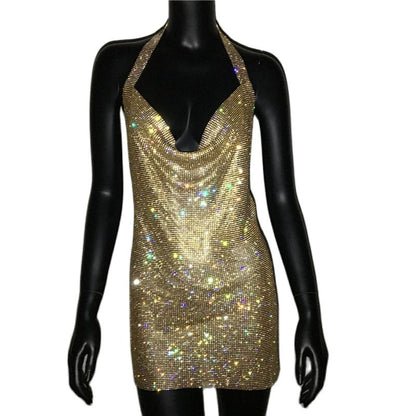 Luxury Rhinestone Sequin Mini Dress – Shimmering Halter Backless Mesh Slit Cocktail Dress for Dazzling Parties