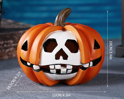 Halloween Pumpkin Skull Resin Figurine – Horror-Themed Decorative Ornament for Desktop Display, Creepy Crafts, and Festive Haunted Atmosphere Props