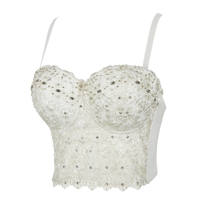 Beaded Lace Corset Crop Top – Sexy Bustier Bodice with Black Lace Detailing for Party, Clubwear, and Evening Fashion