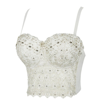 Beaded Lace Corset Crop Top – Sexy Bustier Bodice with Black Lace Detailing for Party, Clubwear, and Evening Fashion