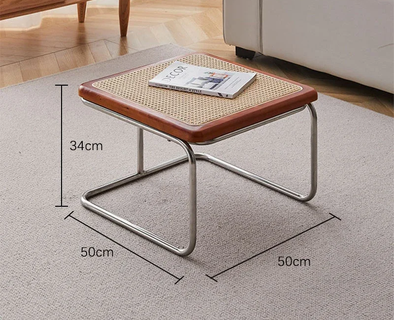 Square Stainless Steel Retro Rattan Coffee Table – Low Side Table with Glass Top for Modern Living Rooms