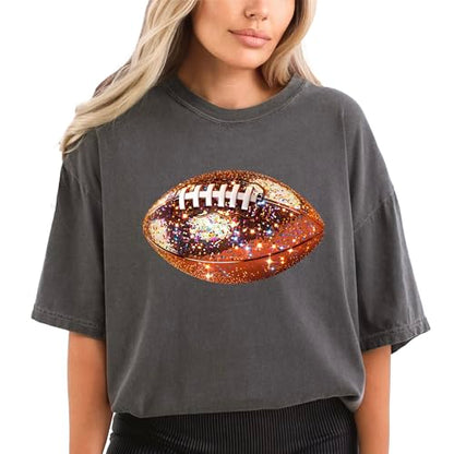 Glitter Football Graphic Tee for Women – Oversized Fall Season Shirt Perfect for Teen Girls, Casual Game Day Style, and Sporty Fun Looks