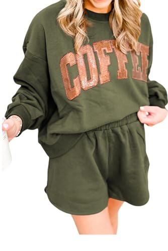 Coffee Letter Round Neck Two-Piece Set – Autumn & Spring Loose Fit Sweatshirt + Shorts for Relaxed Streetwear Vibes