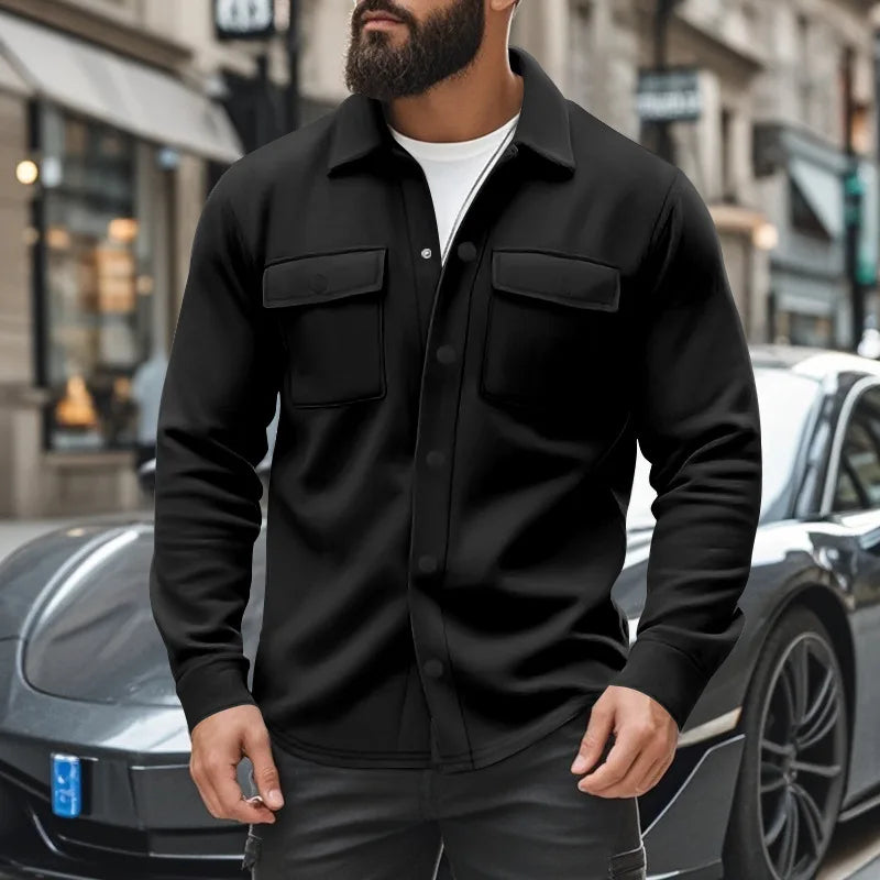 Men’s Fleece Lapel Jacket – Single-Breasted Outerwear with Pockets, Casual European Style for Autumn & Winter
