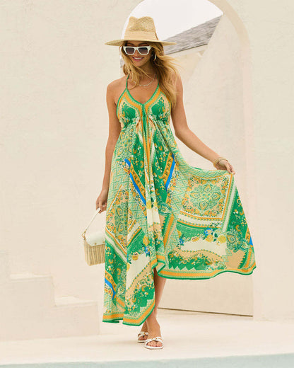 Off-Shoulder Printed Fairy Long Dress – Elegant V-Neck Strap Evening Gown for Women, Flowing Temperament Skirt Perfect for Spring, Summer Parties, and Romantic Occasions