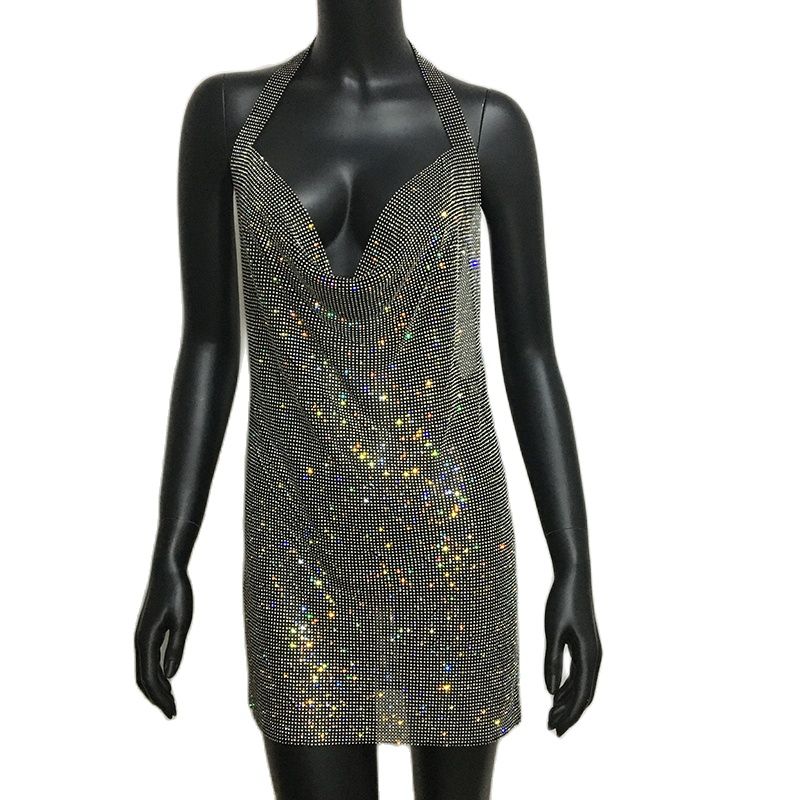 Luxury Rhinestone Sequin Mini Dress – Shimmering Halter Backless Mesh Slit Cocktail Dress for Dazzling Parties