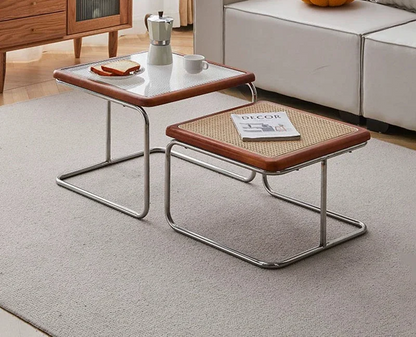 Square Stainless Steel Retro Rattan Coffee Table – Low Side Table with Glass Top for Modern Living Rooms