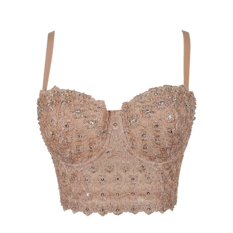 Beaded Lace Corset Crop Top – Sexy Bustier Bodice with Black Lace Detailing for Party, Clubwear, and Evening Fashion