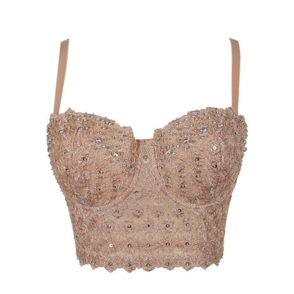 Beaded Lace Corset Crop Top – Sexy Bustier Bodice with Black Lace Detailing for Party, Clubwear, and Evening Fashion