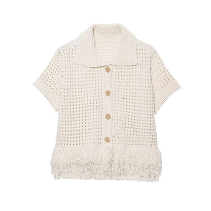 Knitted Tassel Two-Piece Set – Elegant Turndown Collar Top & Elastic Mini Skirt for Fall/Winter